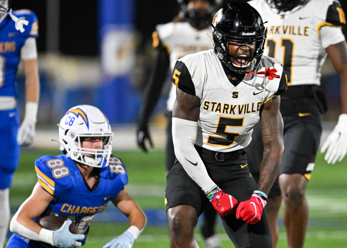 Starkville receiver/defensive back Stonka Burnside celebrates a tackle against the Oxford Chargers in the quarterfinals of the 2023 MHSAA Class 7A Playoffs on Friday, Nov. 17 at Oxford, Miss.